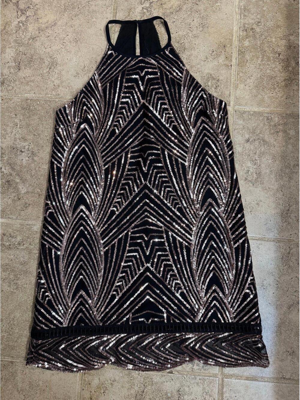 Saylor Balck Sequin Halter Style Mini Party Dress Sz Sm EUC
